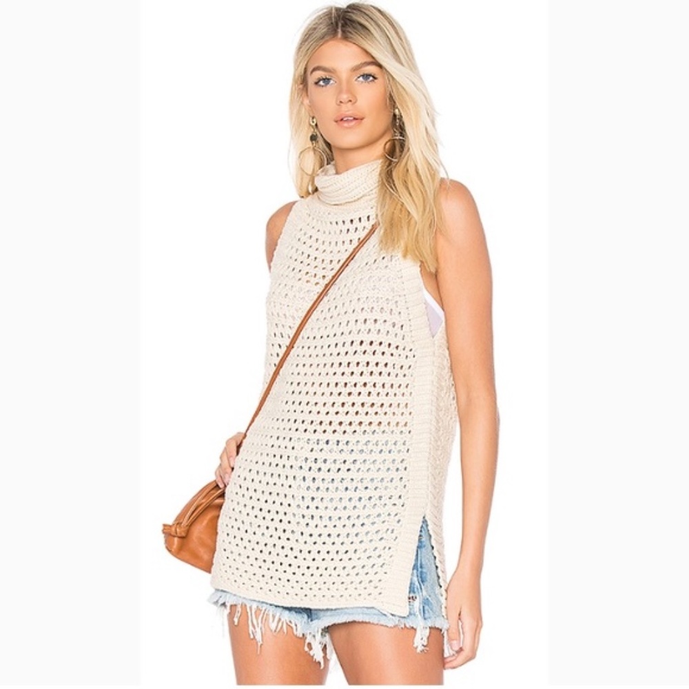 Free People Northern Lights Sleeveless Crochet Knit Turtleneck Cream